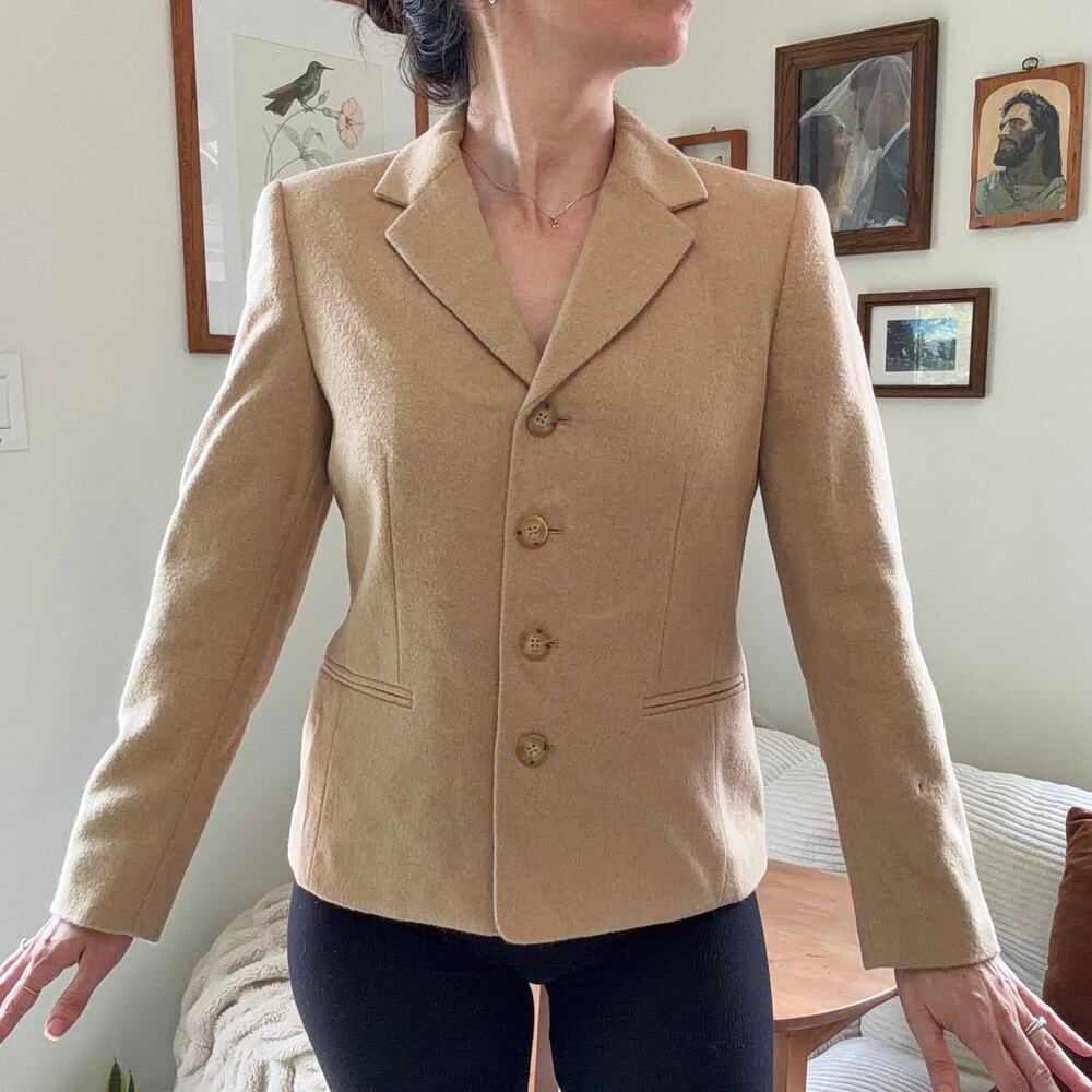 Vintage Talbots 90s Camel Hair Tan Structured Crop Suit Blazer Size 4 (Small)